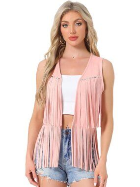 Women's Pink Faux Suede Fringe Top Vest Open Front Western Tassel Cardigan